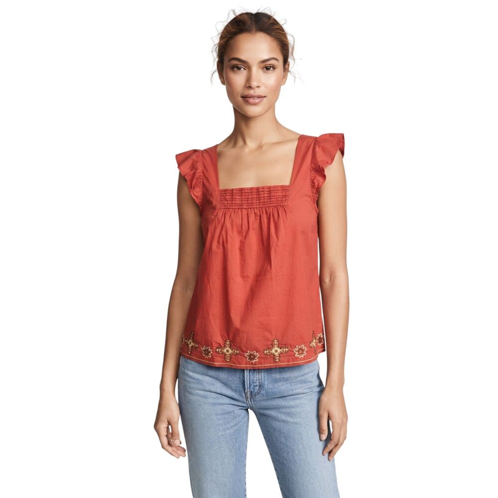 Tommy Hilfiger Red Boho Embroidered Cotton Top Medium
